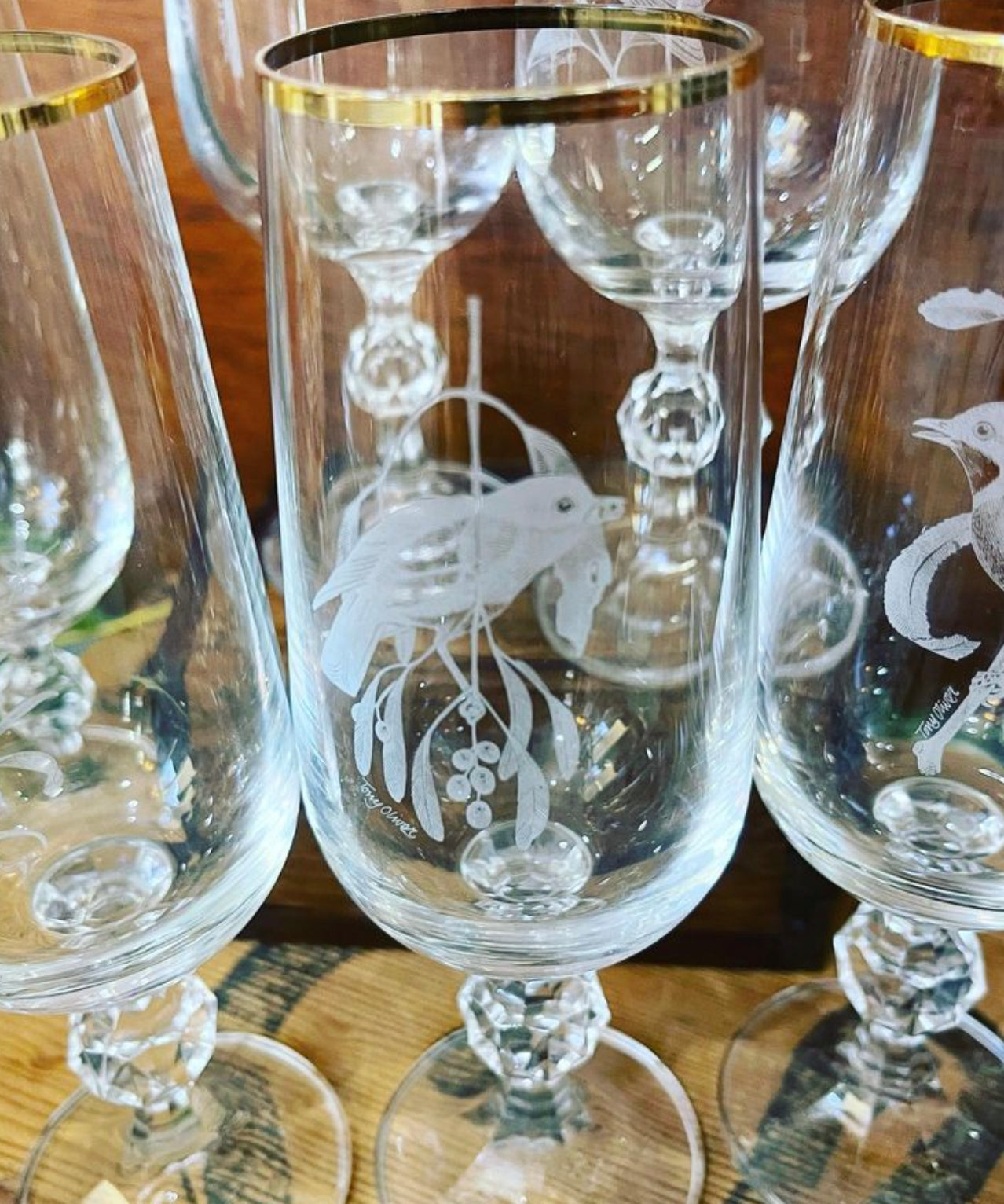Vintage champagne flutes with etched birds set of 6