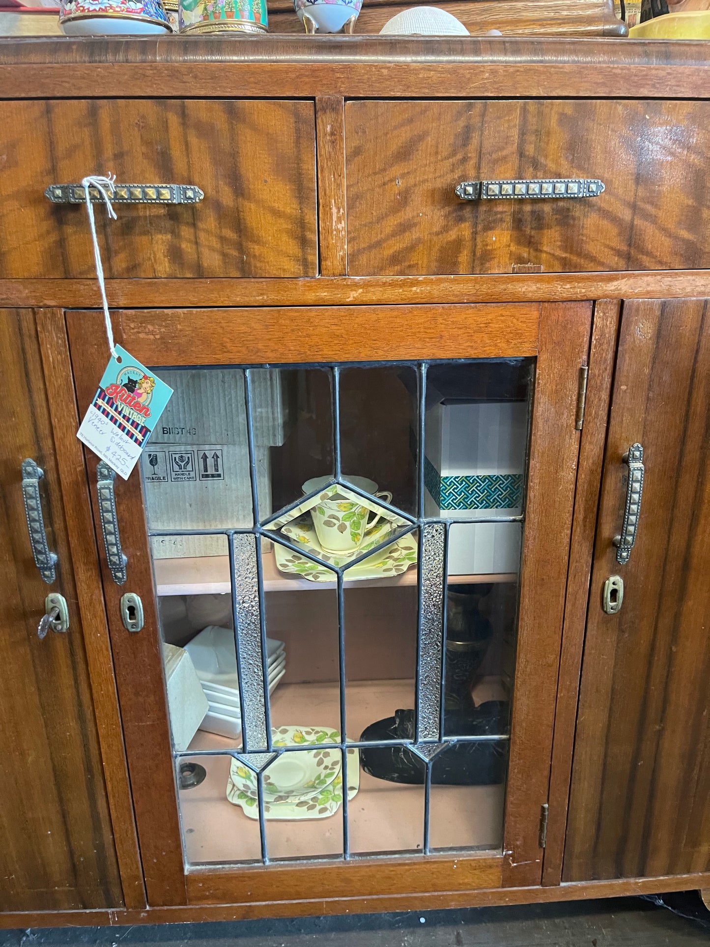Vintage 1940s Art Deco Timber sideboard with Leadlight