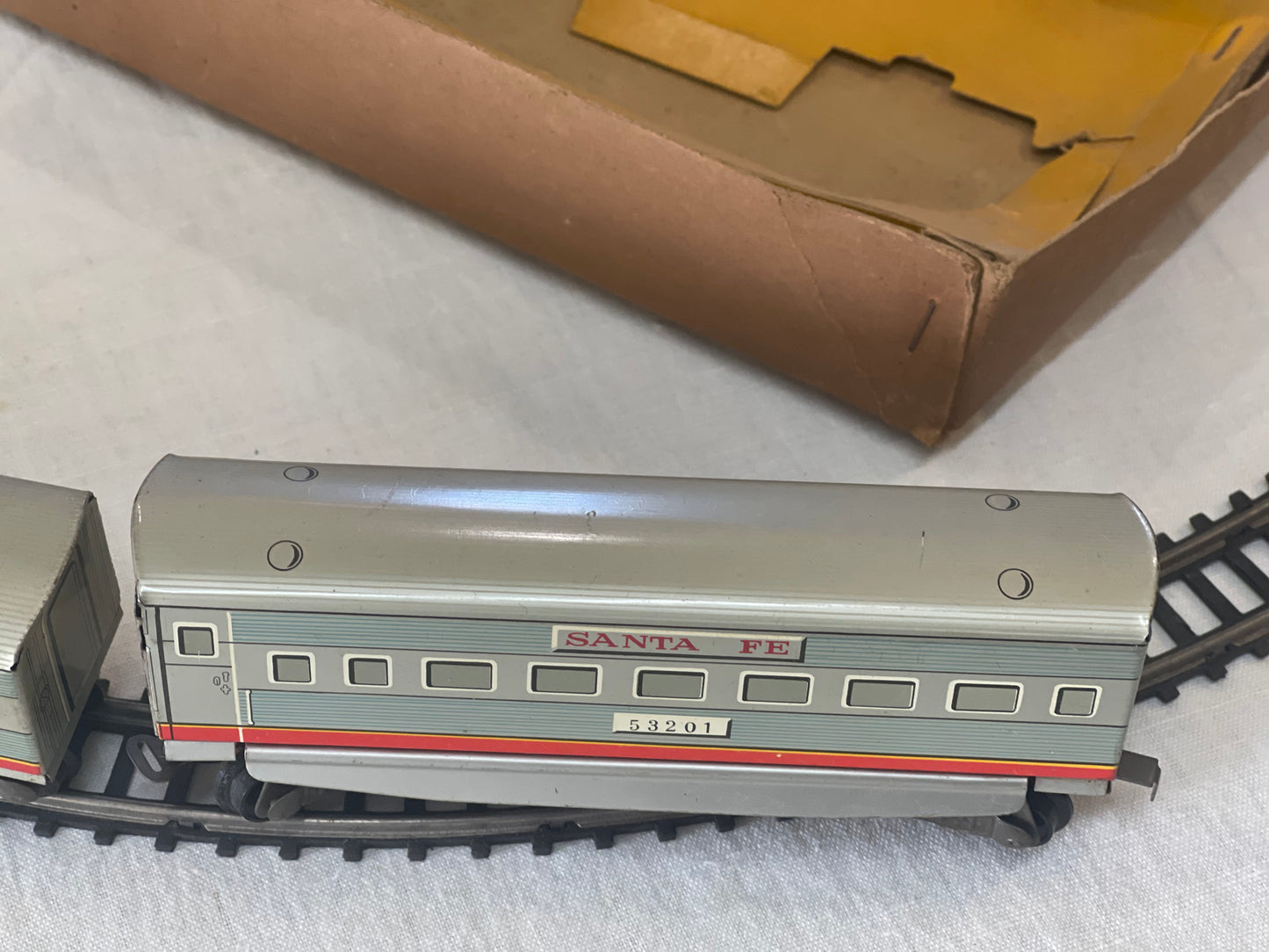 Vintage Santa Fe freight train Battery Japan Tin Toy Train with track