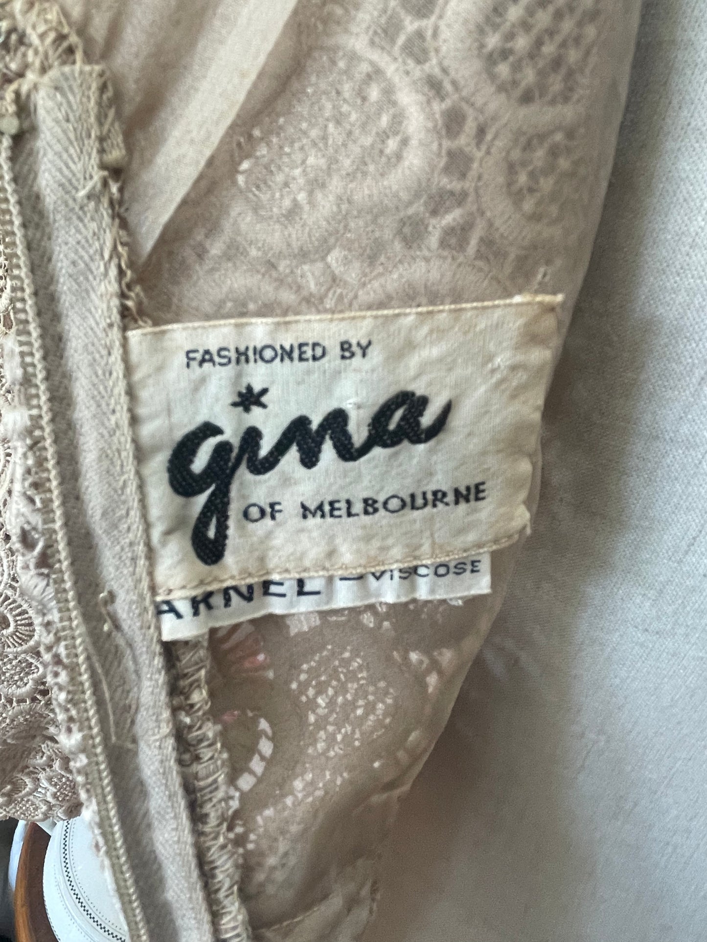 Vintage 60s beige cocktail dress Dress with lace detail Gina of Melbourne Size 8-10