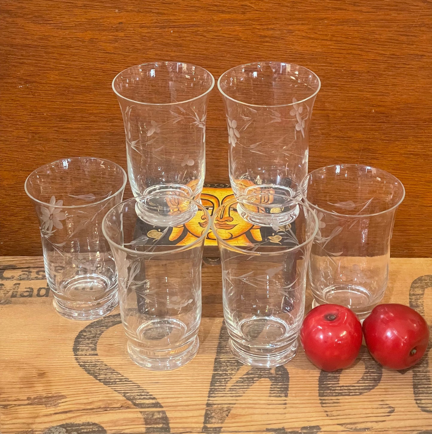 Vintage 1950s etched cut Crystal water Glasses set of 6
