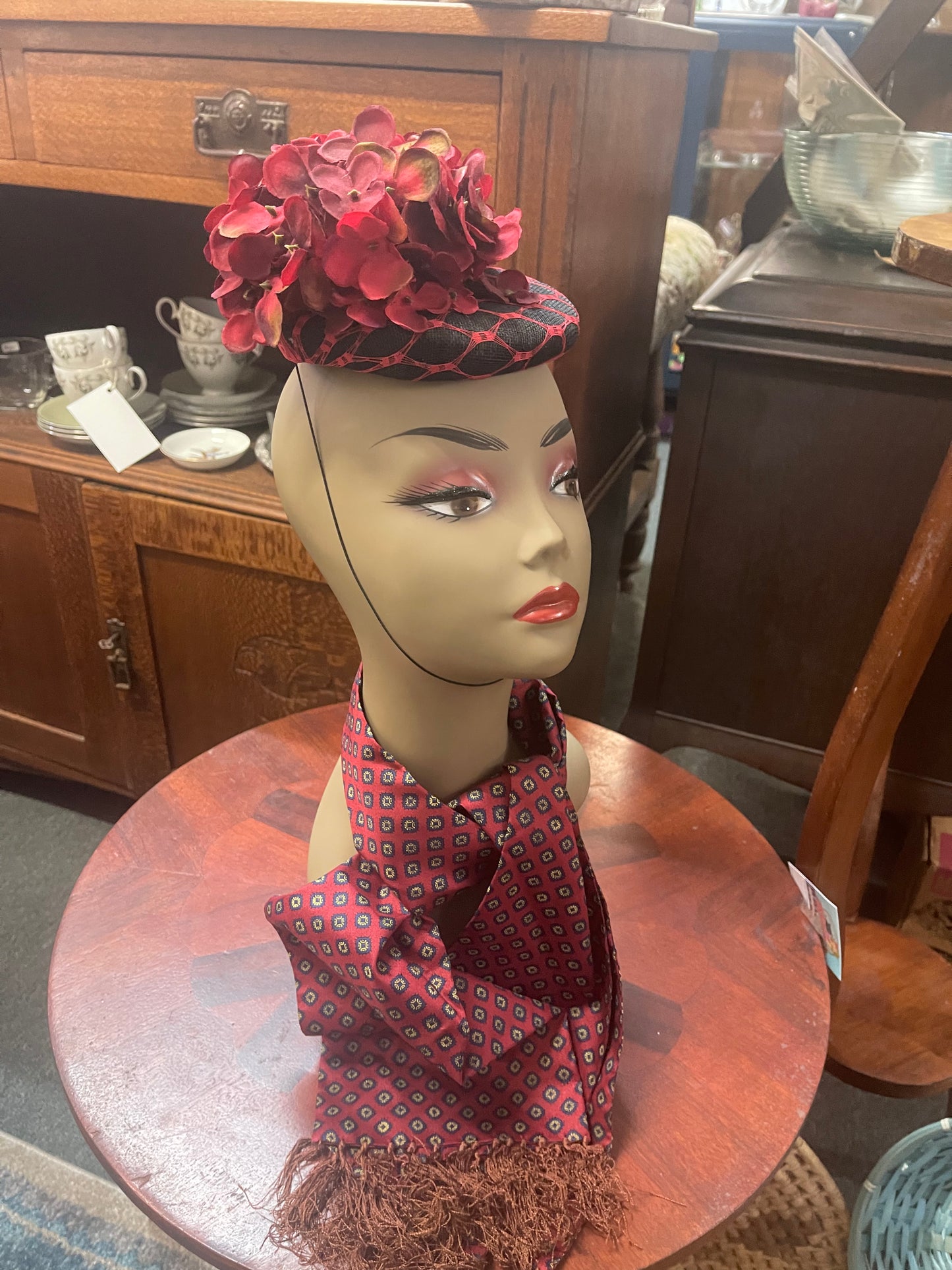 Vintage 1950s Red Cocktail Hat with Flowers