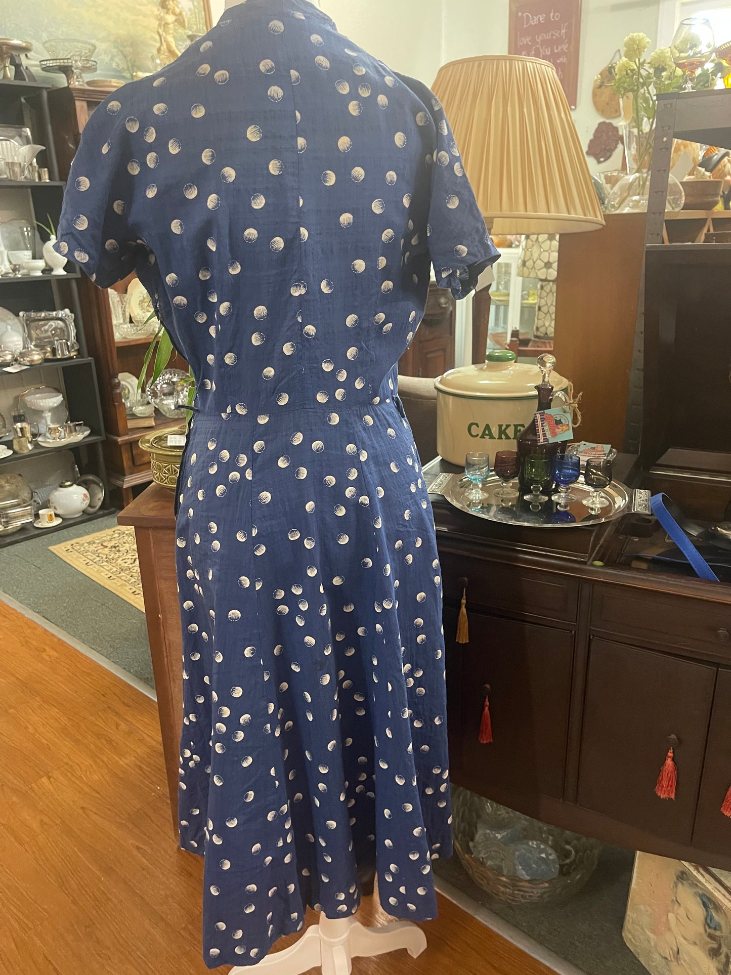 Vintage 50s blue silk Dress with spots Judy Lane Size 8-10