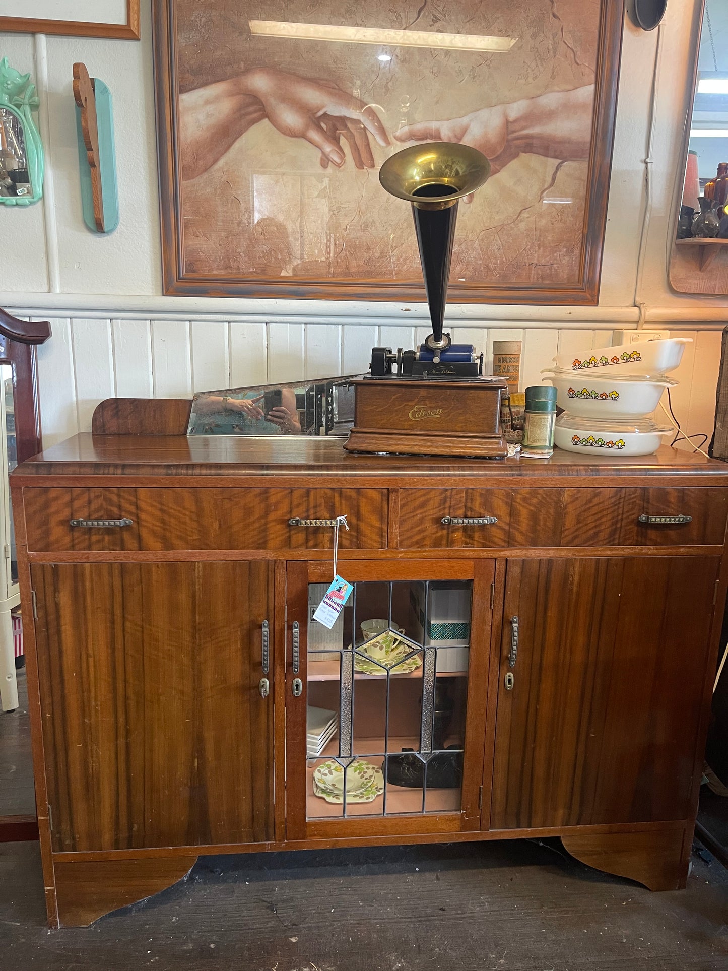 Vintage 1940s Art Deco Timber sideboard with Leadlight