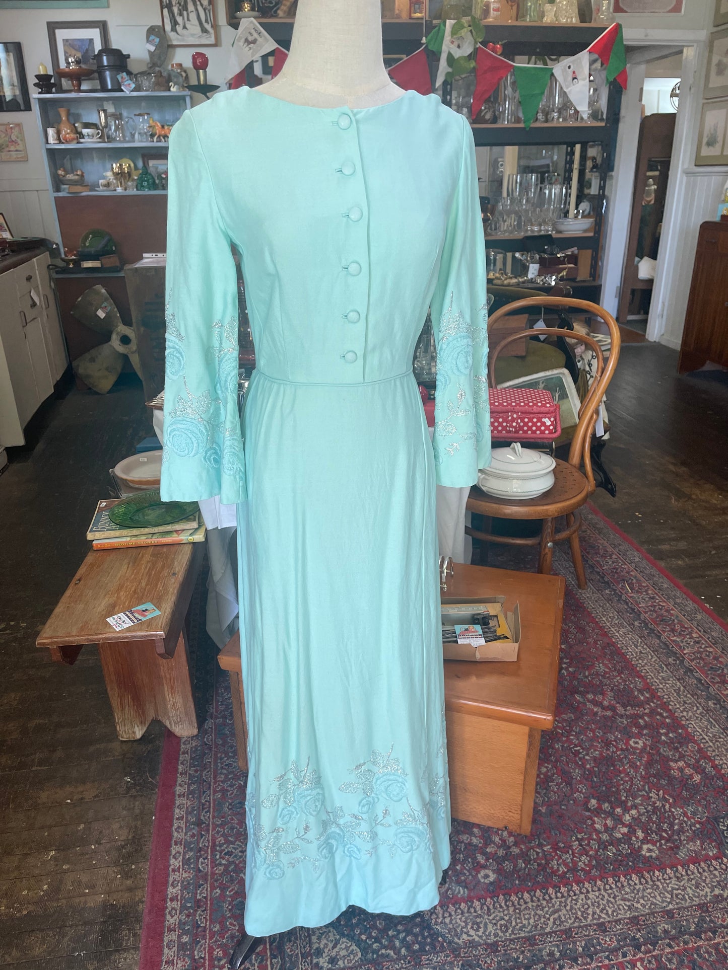 Vintage 60s pale blue Maxi dress Dress with embroidery Size 10