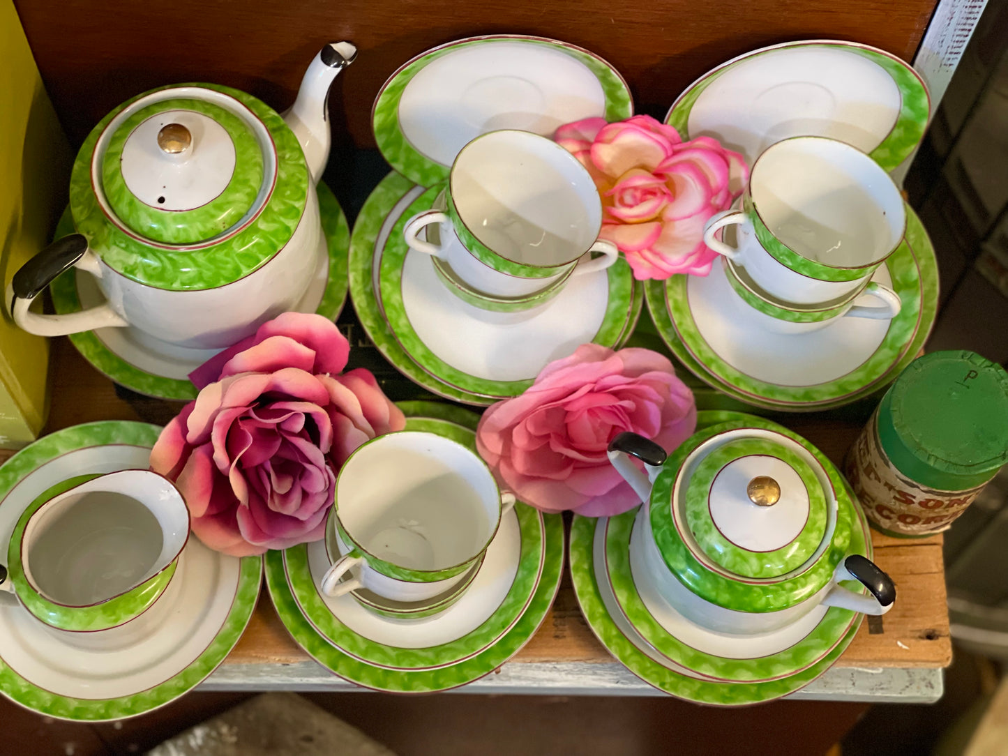 Vintage 1930s Green and white Japanese teaset