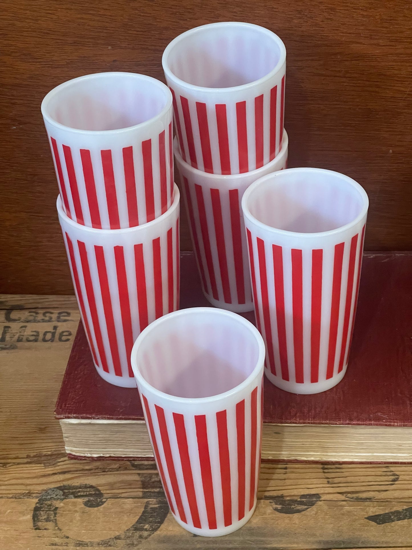 Fire King Anchor Hocking USA white milk glass with red candy cane stripes tumblers