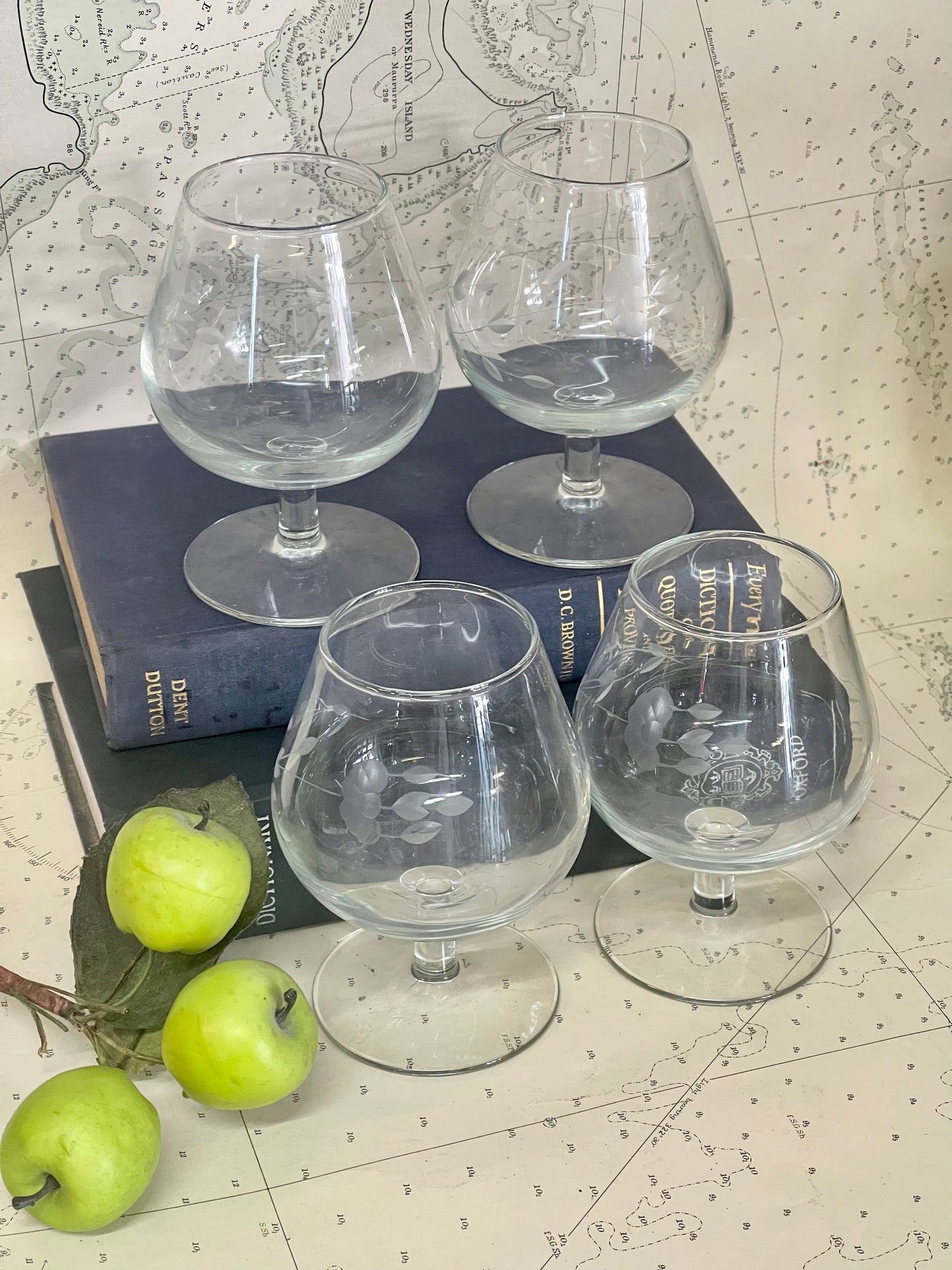 Vintage 1950s etched cut Crystal Brandy Balloons set of 4