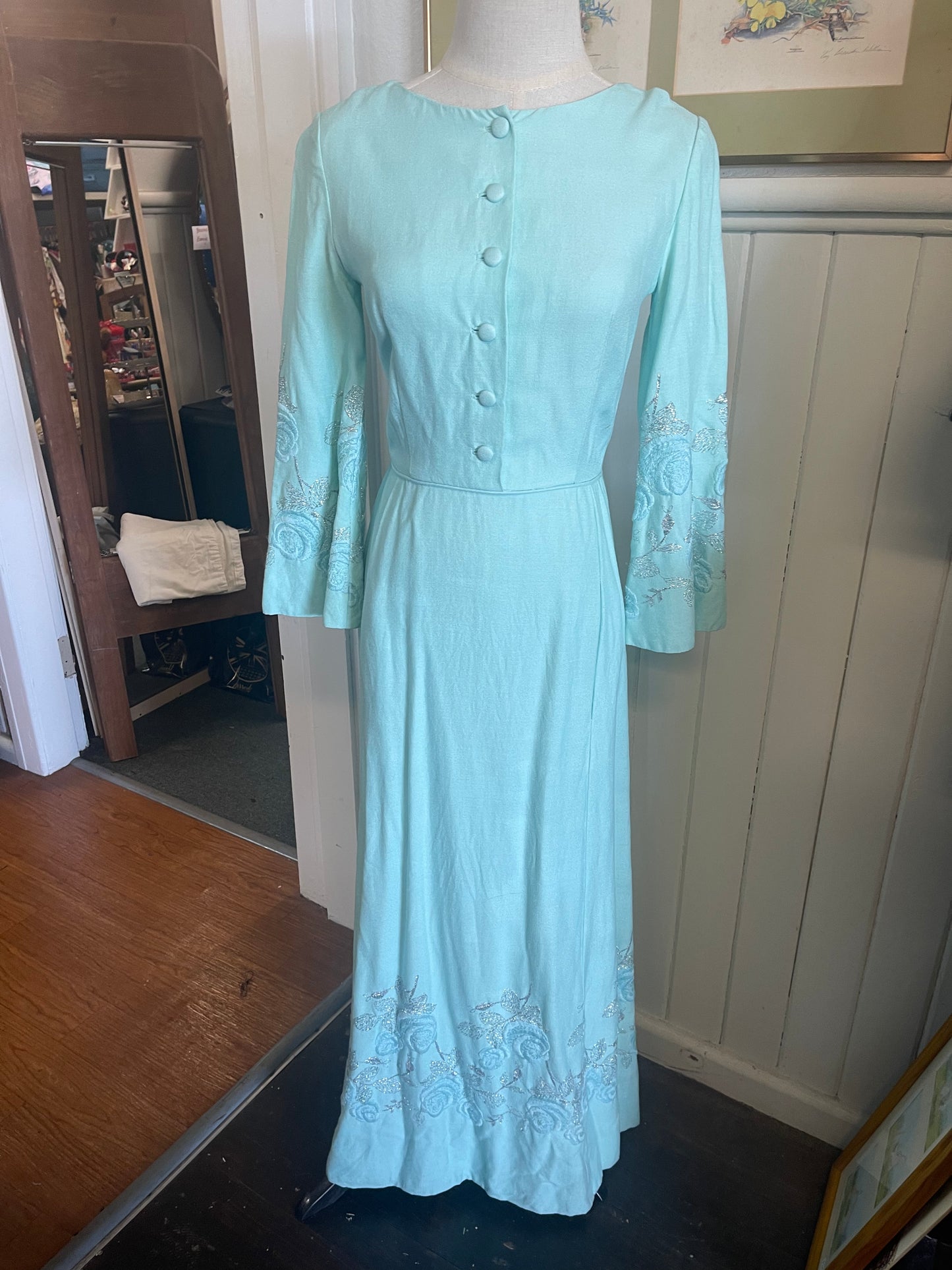 Vintage 60s pale blue Maxi dress Dress with embroidery Size 10