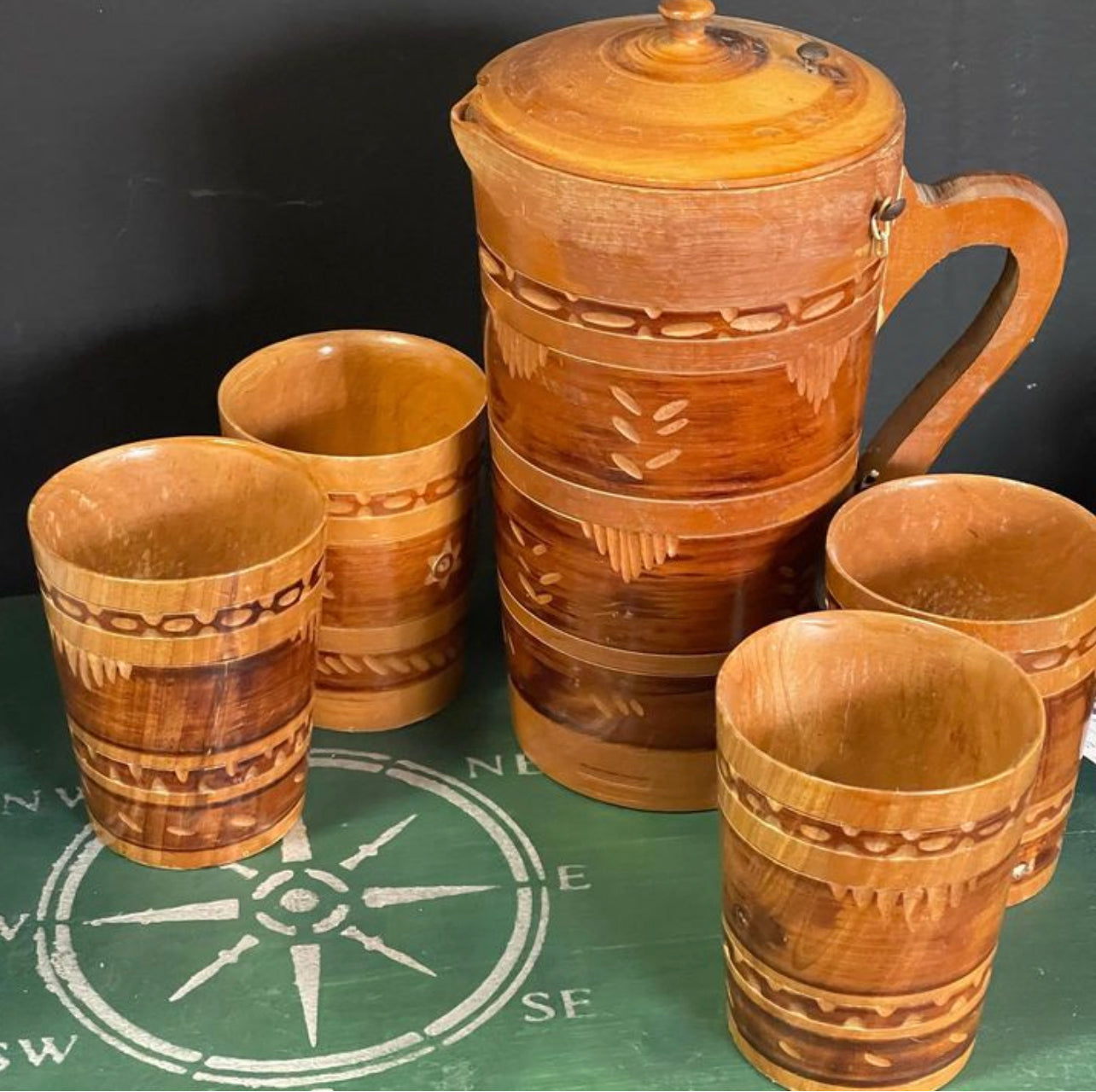 Mid century tiki style timber cocktail drinks set
