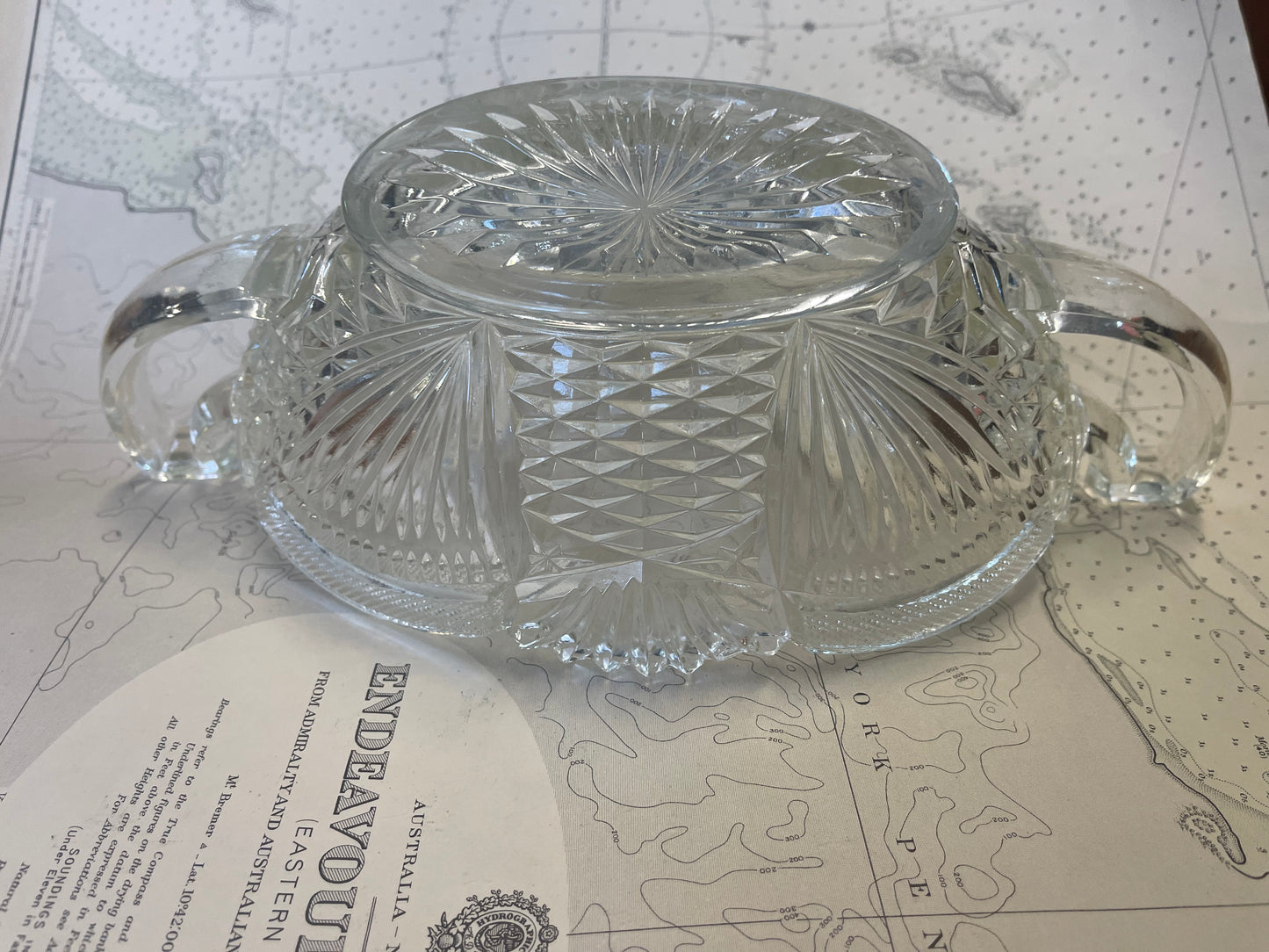 Vintage depression glass clear Crown Crystal two handles bowl