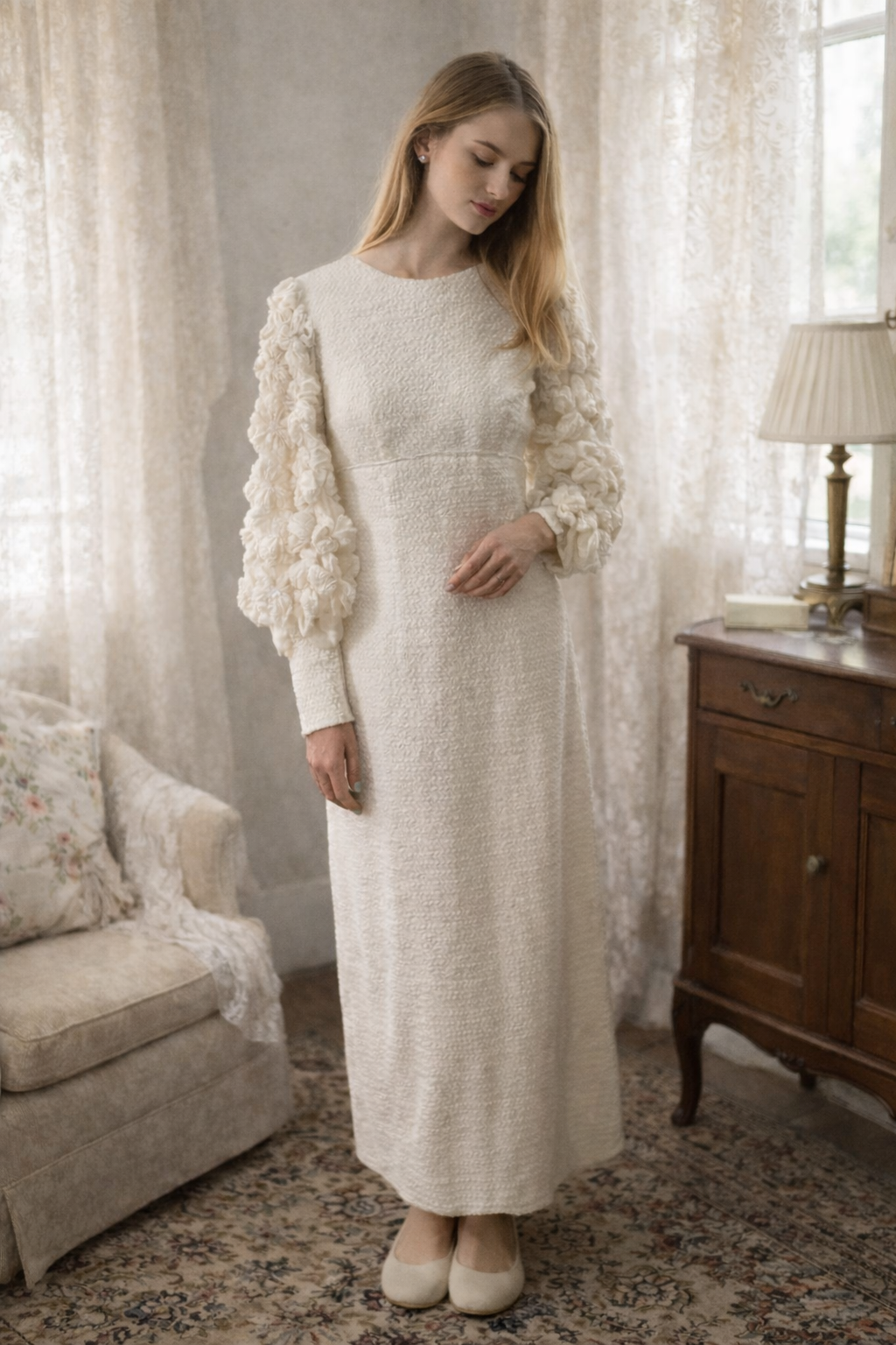 Vintage 1960s off white maxi wedding dress with flower sleeves size 8-10