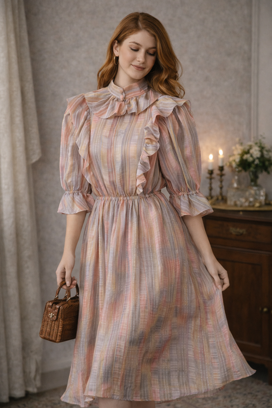 Handmade 1980s Cottagecore Ruffle Dress – Soft Stripe Pastel – Vintage Prairie Style