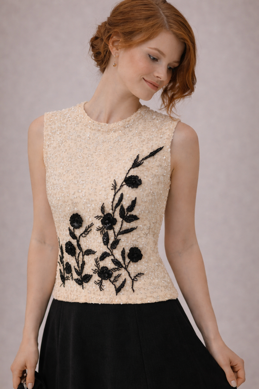 Vintage Sequin Wool Top – Cream & Black Embellished (Petite XS)