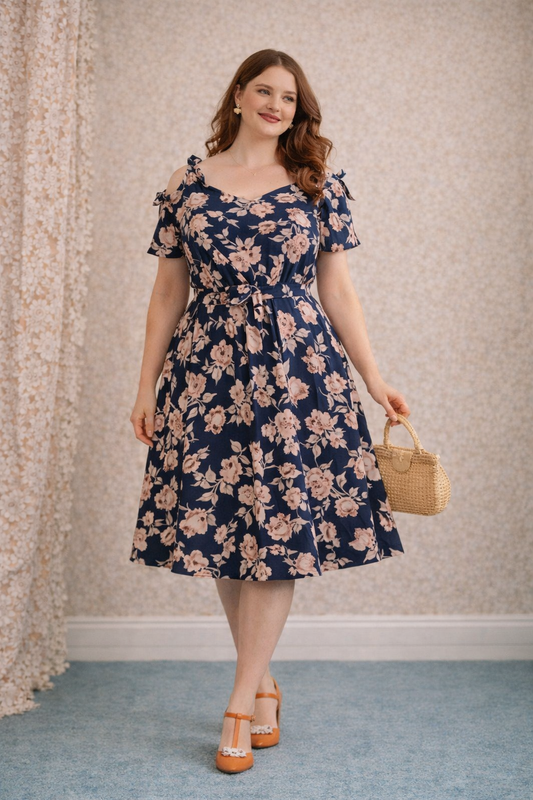 Vintage Style Navy Floral Dress – Soft Romantic Fit with Waist Tie (Size 3XL)