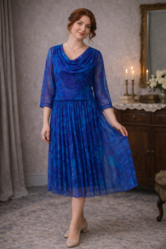 Vintage 1980s Blue Pleated Chiffon Dress – Draped Neckline Size 8-10