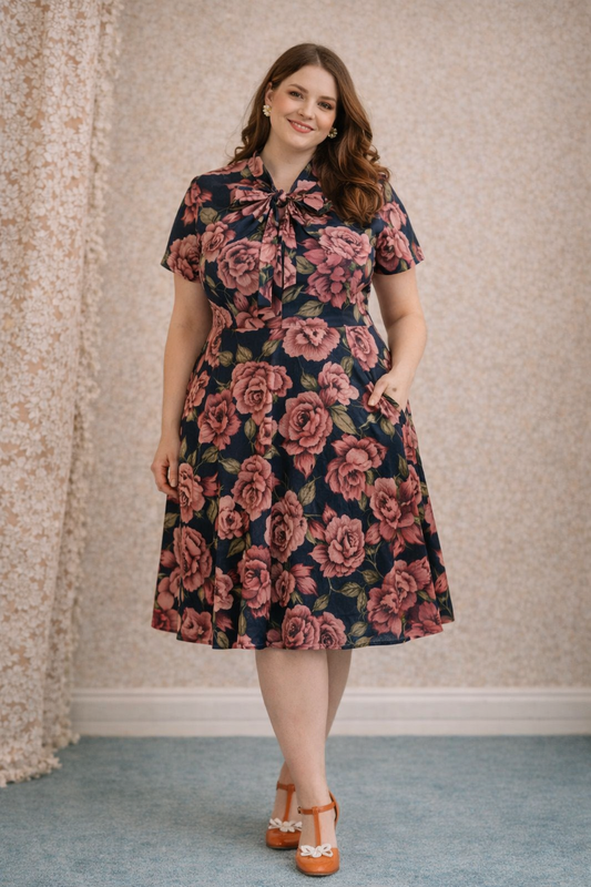 Retrolicious Navy Rose Print Dress – Tie Neck Vintage Style (Size 3X, New with Tags)