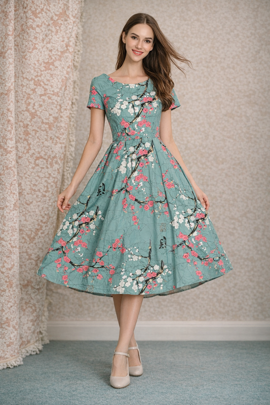 Turquoise Cherry Blossom Vintage-Style Dress — Soft Fit & Flare (various sizes)