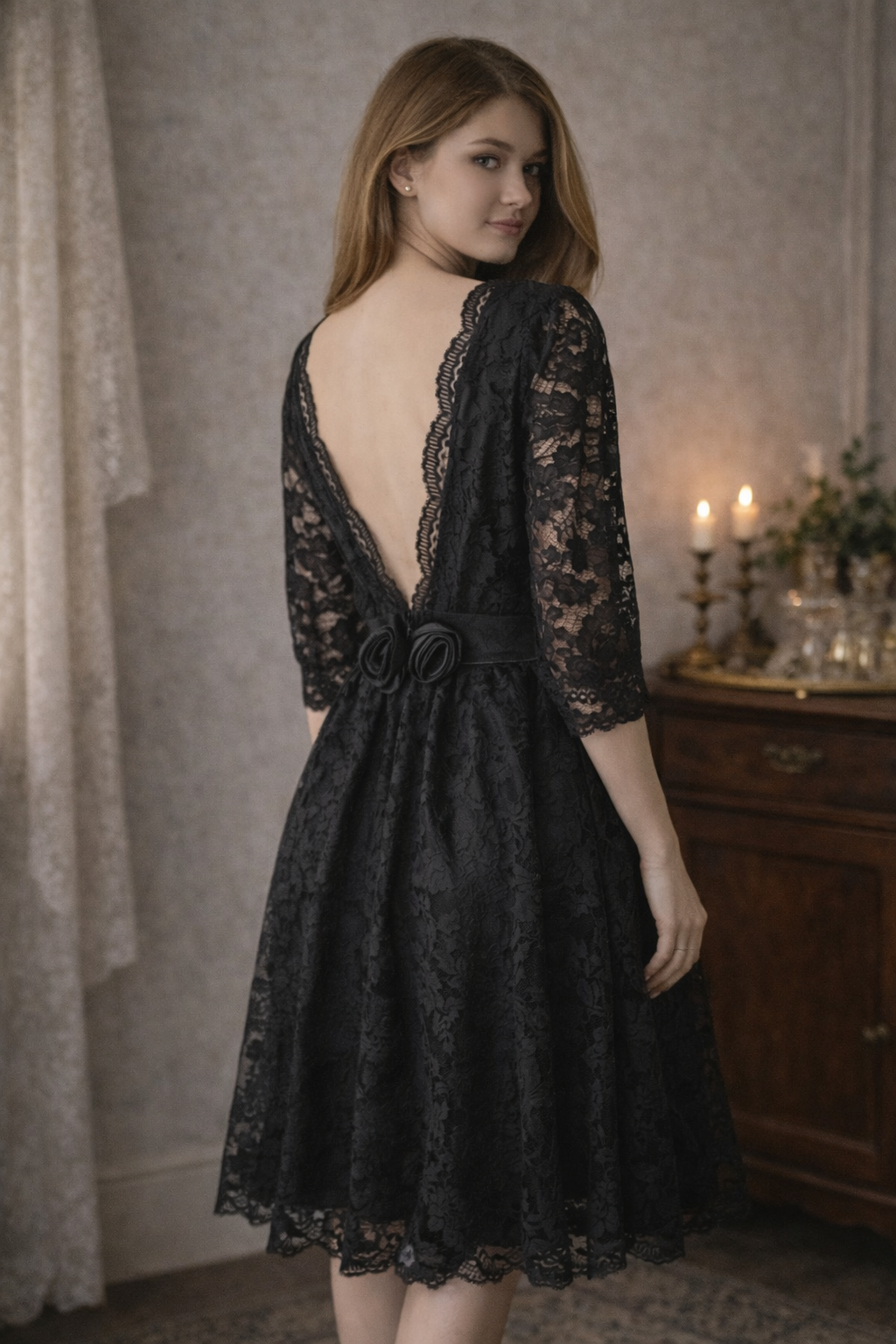 Vintage 1980s Black Lace Cocktail Dress – Size 8