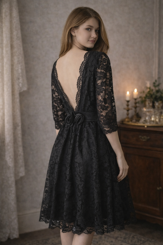Vintage 1980s Black Lace Cocktail Dress – Size 8