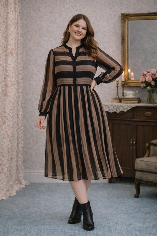 Vintage Sheer Stripe Shirtwaist Dress – Black & Mocha (Size 18 / Modern 16)