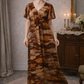 Handmade Vintage 1970s Earth Tone Maxi Dress – Abstract Print (Size 8)