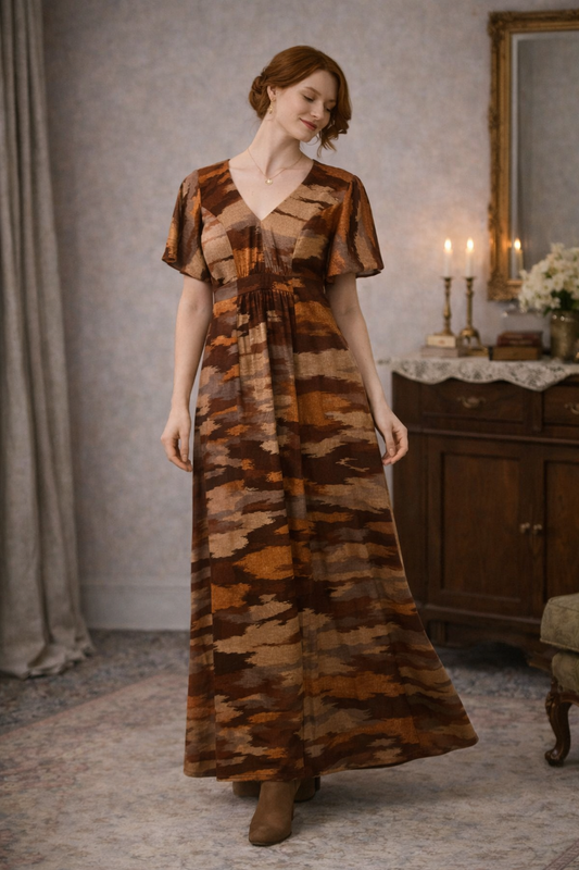 Handmade Vintage 1970s Earth Tone Maxi Dress – Abstract Print (Size 8)