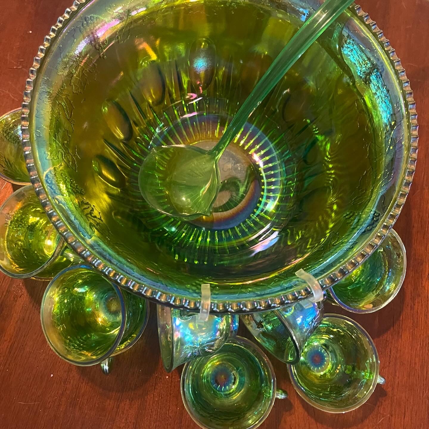 1970s Green Carnival Punch Bowl set by Indiana Glass