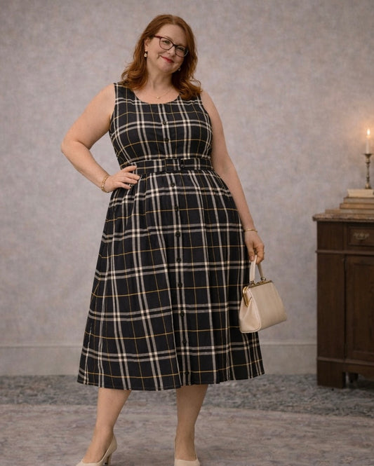 Navy & Cream Plaid Cotton Dress – Dolly & Dotty (Size 20, NWT)