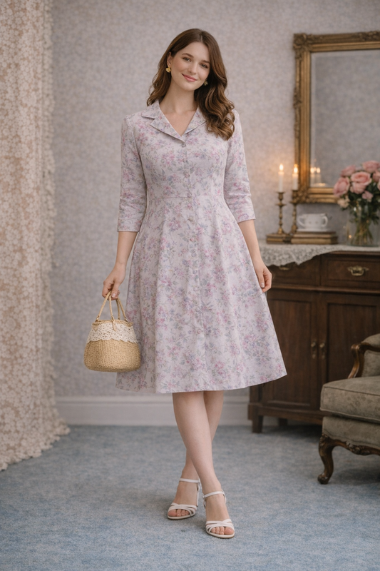 Soft Pastel Floral Dress – Vintage Style Button Front (Size 8–10)