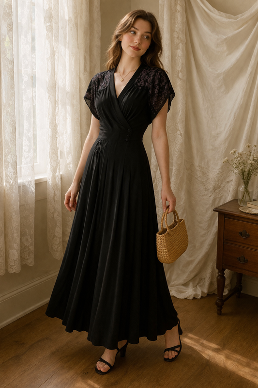 Vintage Black Evening Dress – Lace Shoulder Detail & Draped Bodice (Petite Size)