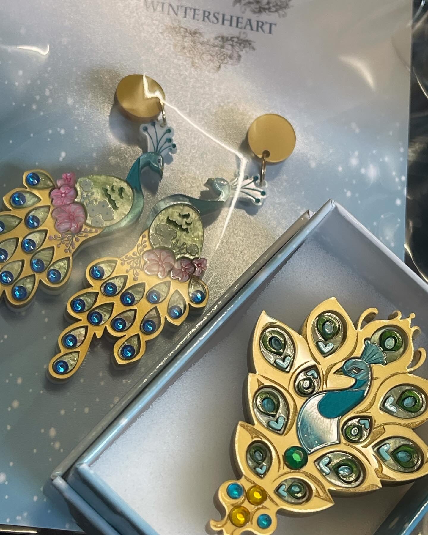 Gold Peacock Brooch and Earrings set by Wintersheart Whimsy