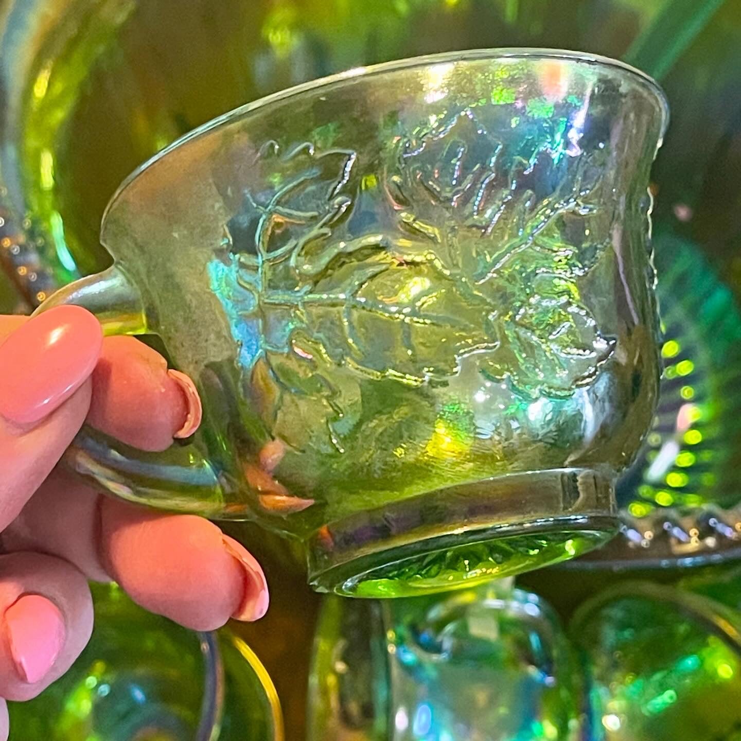 1970s Green Carnival Punch Bowl set by Indiana Glass