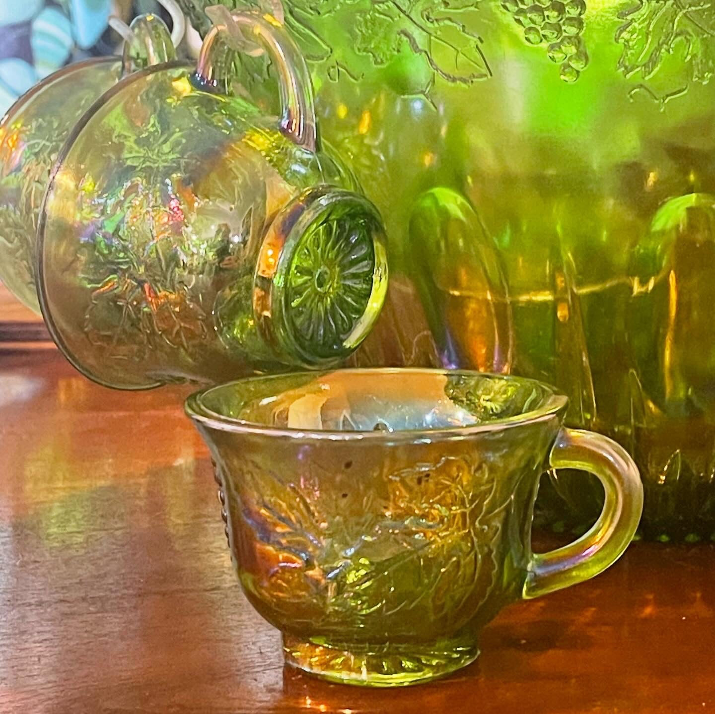 1970s Green Carnival Punch Bowl set by Indiana Glass