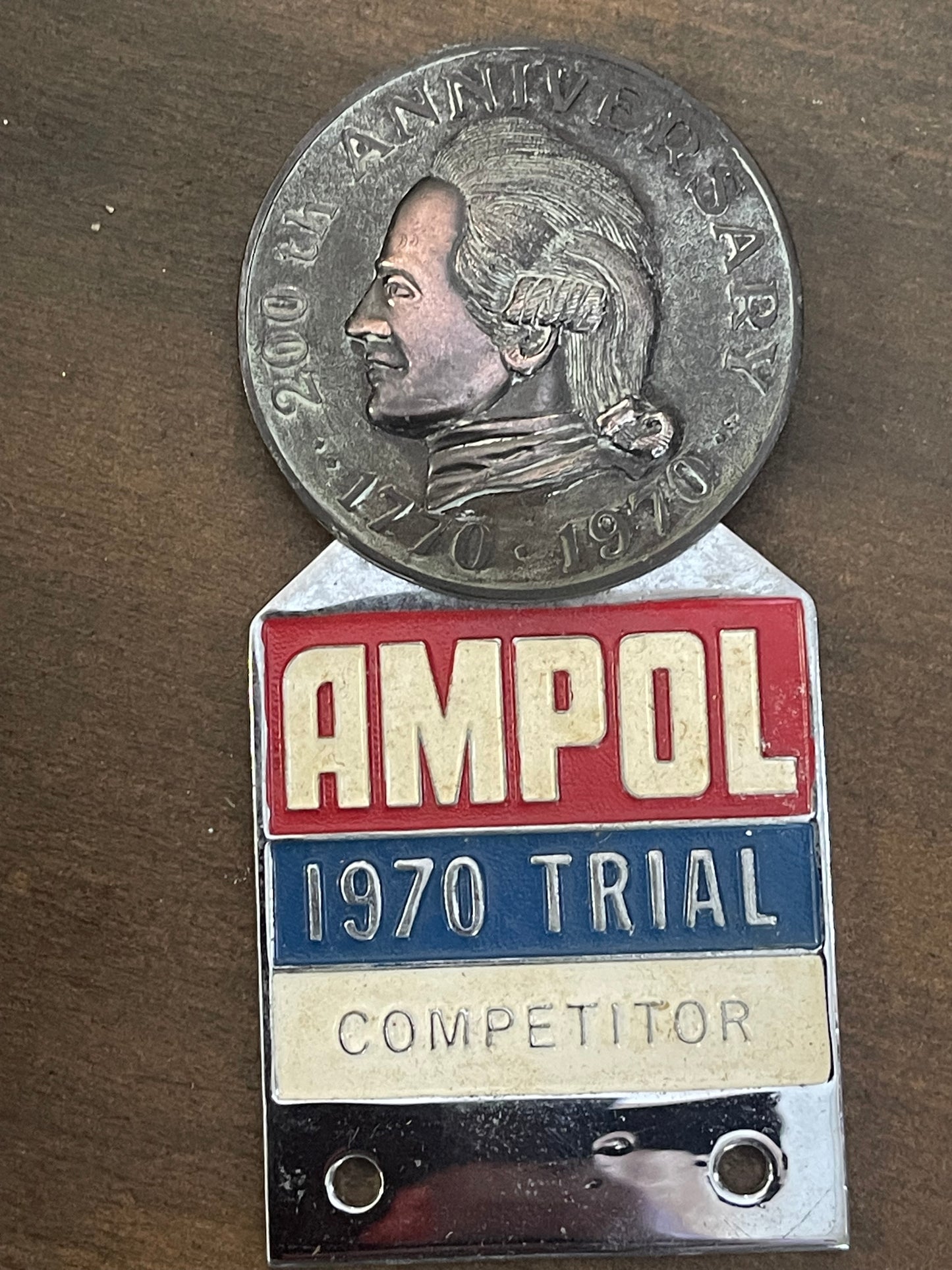 1970 Ampol Trial Competitor badge commemorating the 200th anniversary of Captain James Cook's landing in Australia.