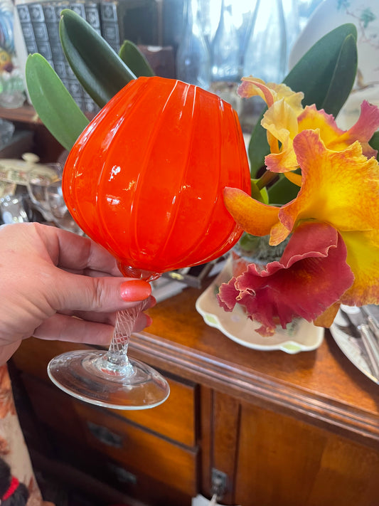 Vintage 1960s Empoli Orange Ribbed Cased Glass Brandy Snifter Opal Interior Twisted Stem