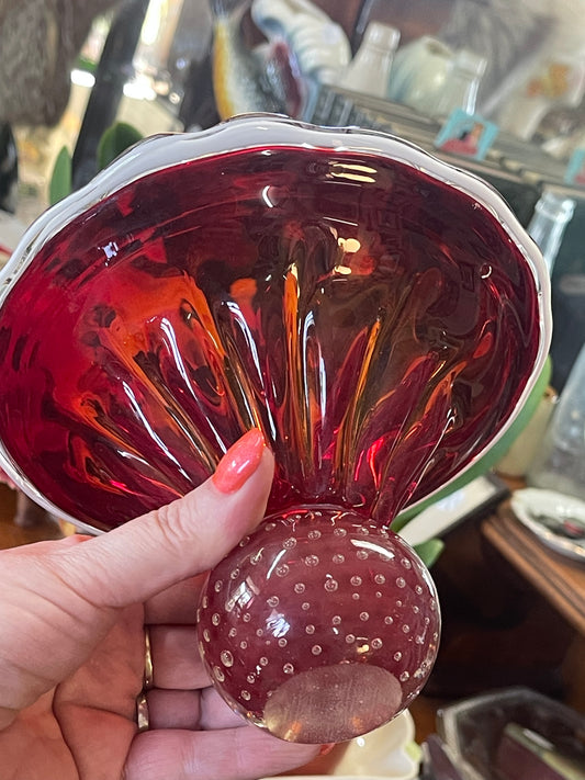 Mid-century Murano red glass bowl on spotted stand white trim