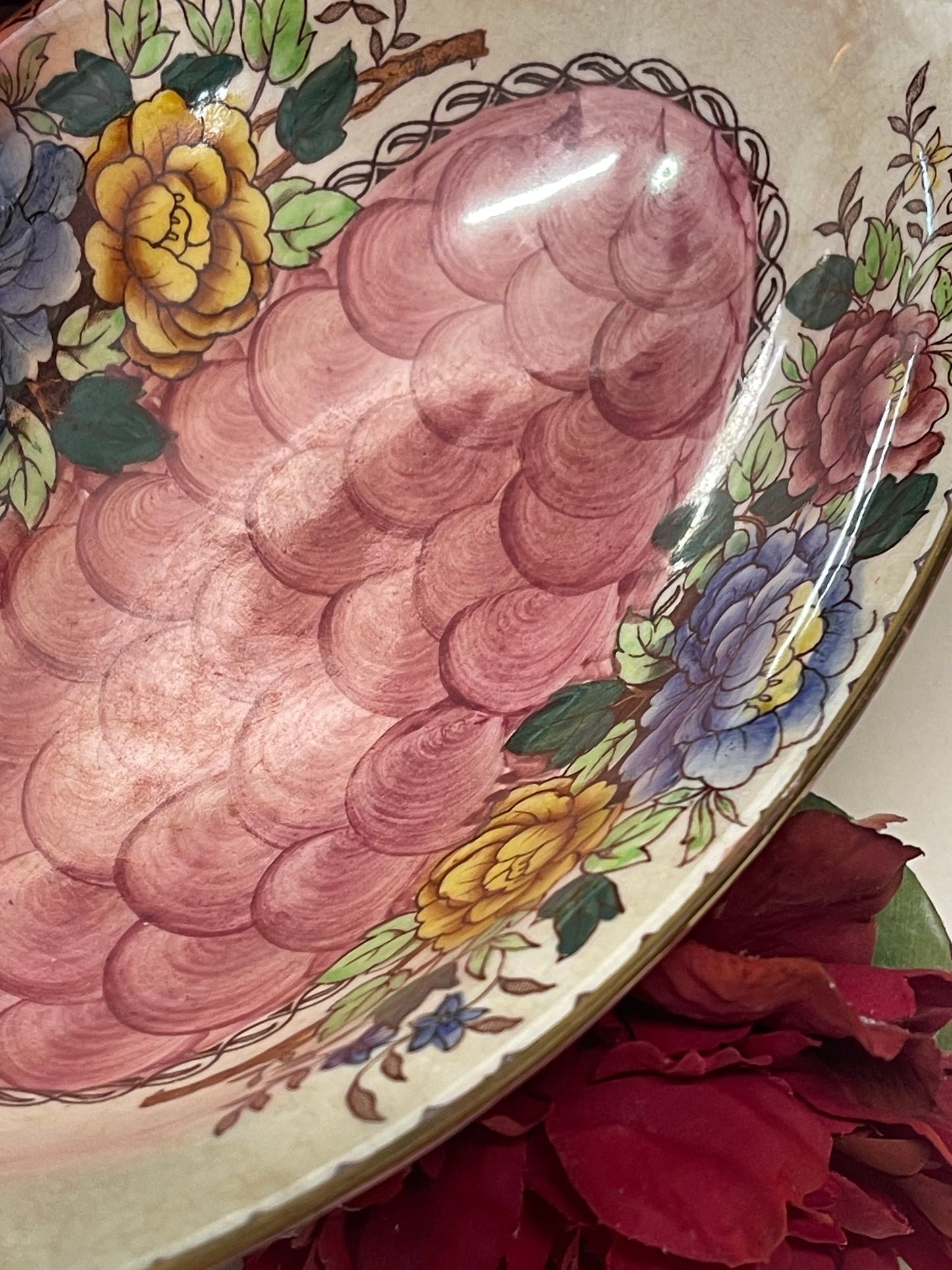 Vintage 1930s “Peony Rose” Maling Ware England hand-painted pink floral oval dish