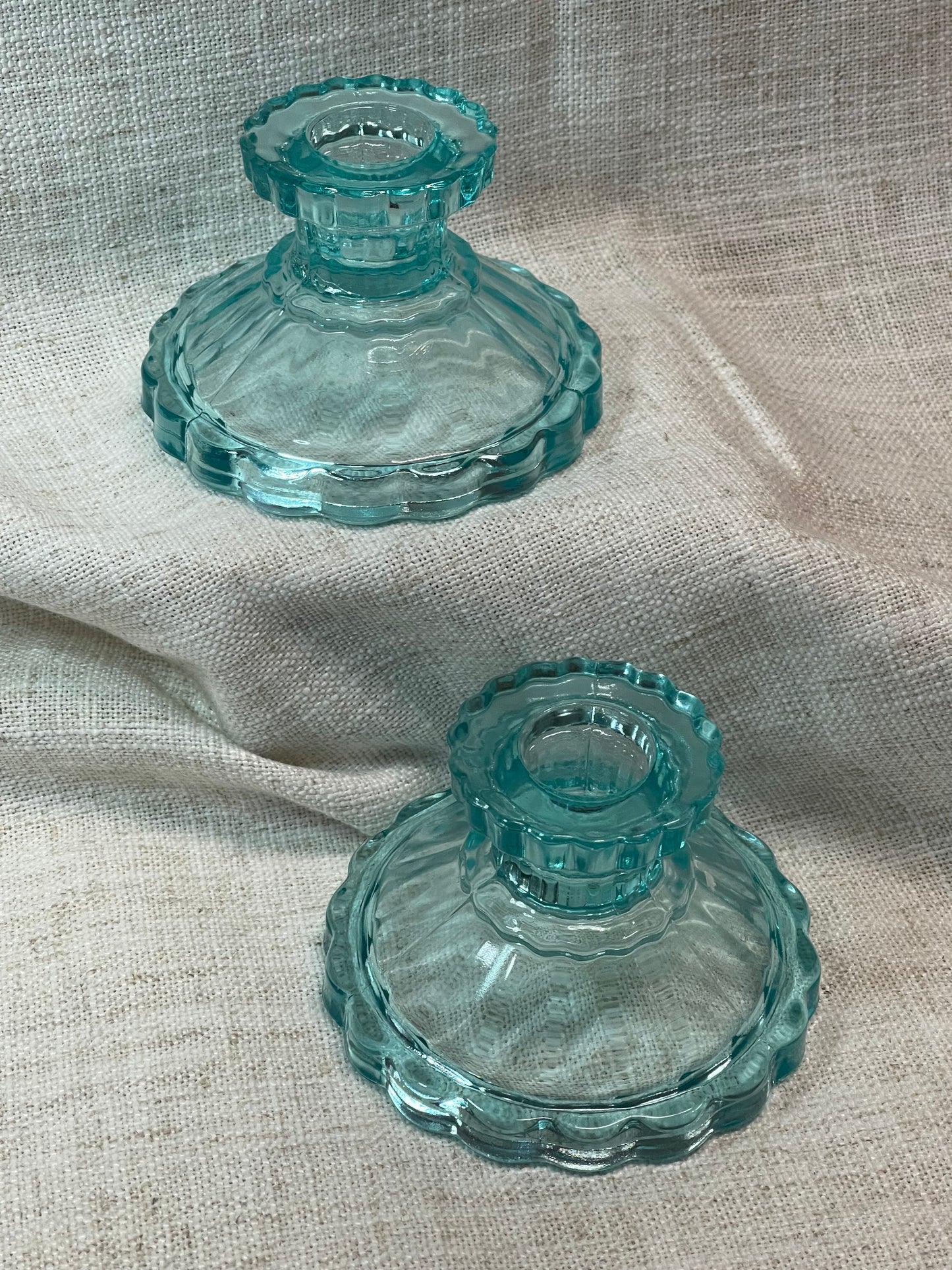 Vintage Aqua Pressed Glass Candlesticks (Set of 2)