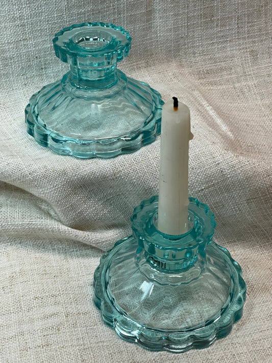 Vintage Aqua Pressed Glass Candlesticks (Set of 2)