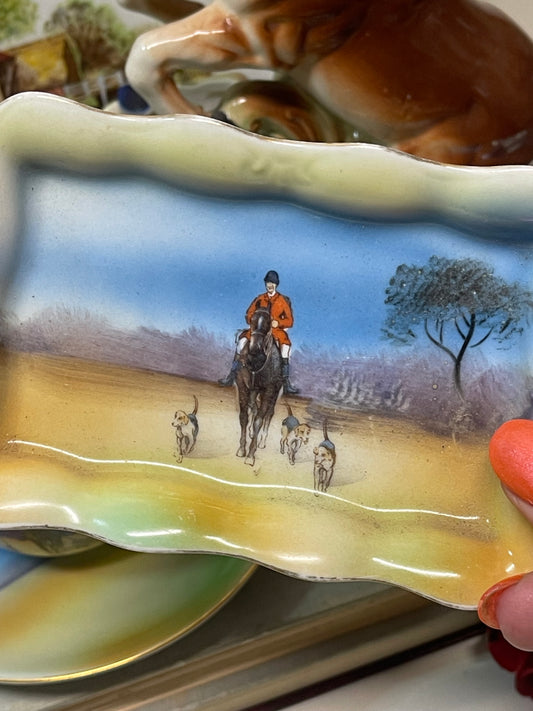Vintage 1930s Noritake Japan Horse Hound Hunting Scene Rectangular Shaped Dish