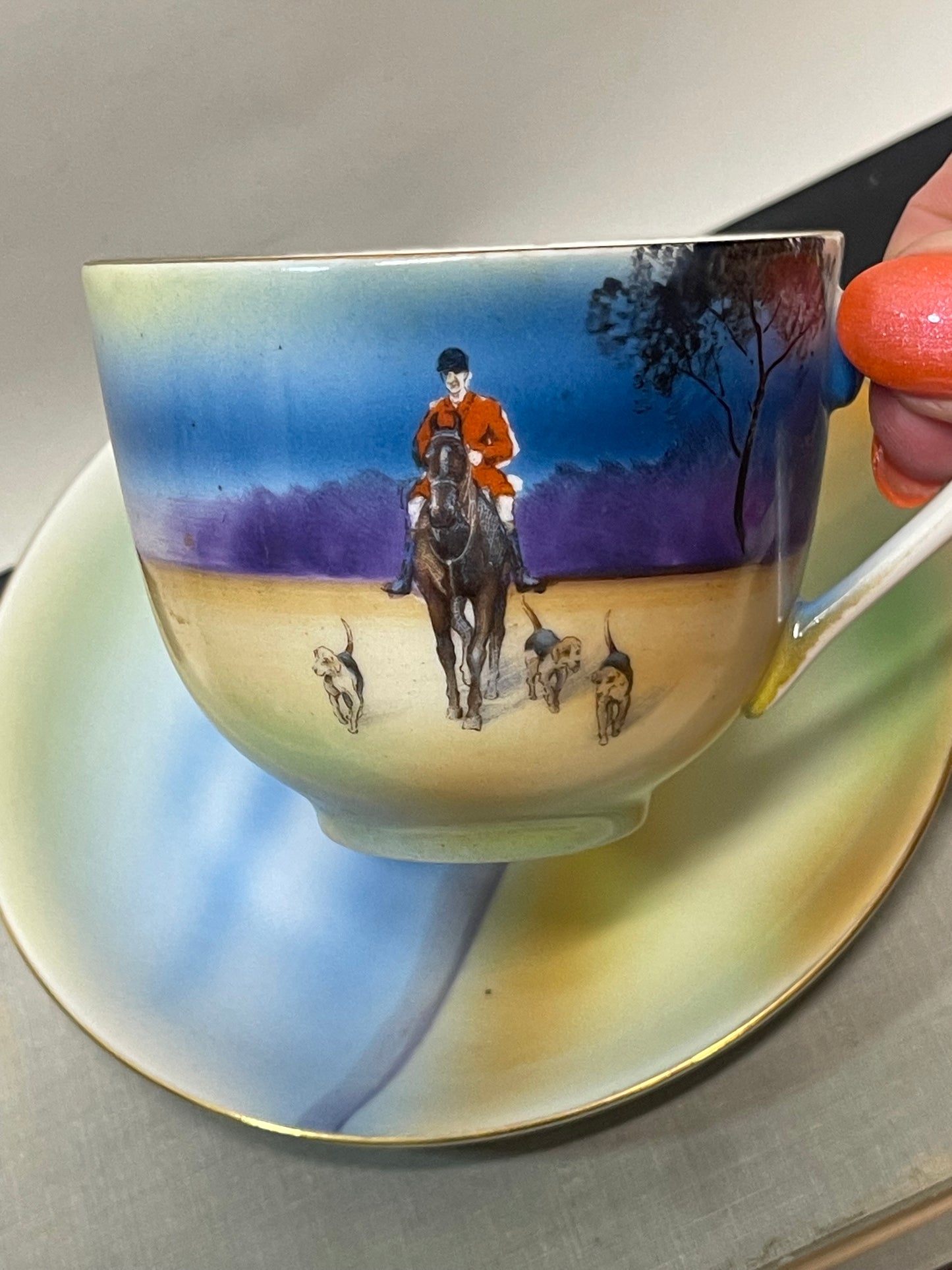 Vintage 1930s Noritake Japan Horse Hound Hunting Scene Cup and Saucer