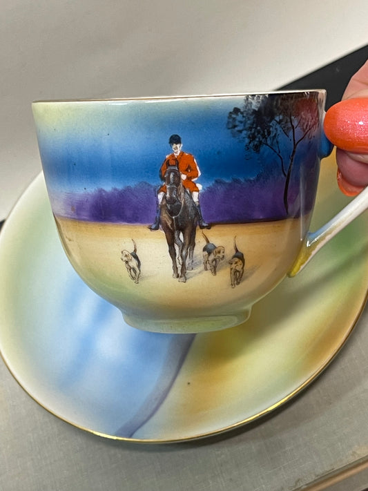 Vintage 1930s Noritake Japan Horse Hound Hunting Scene Cup and Saucer