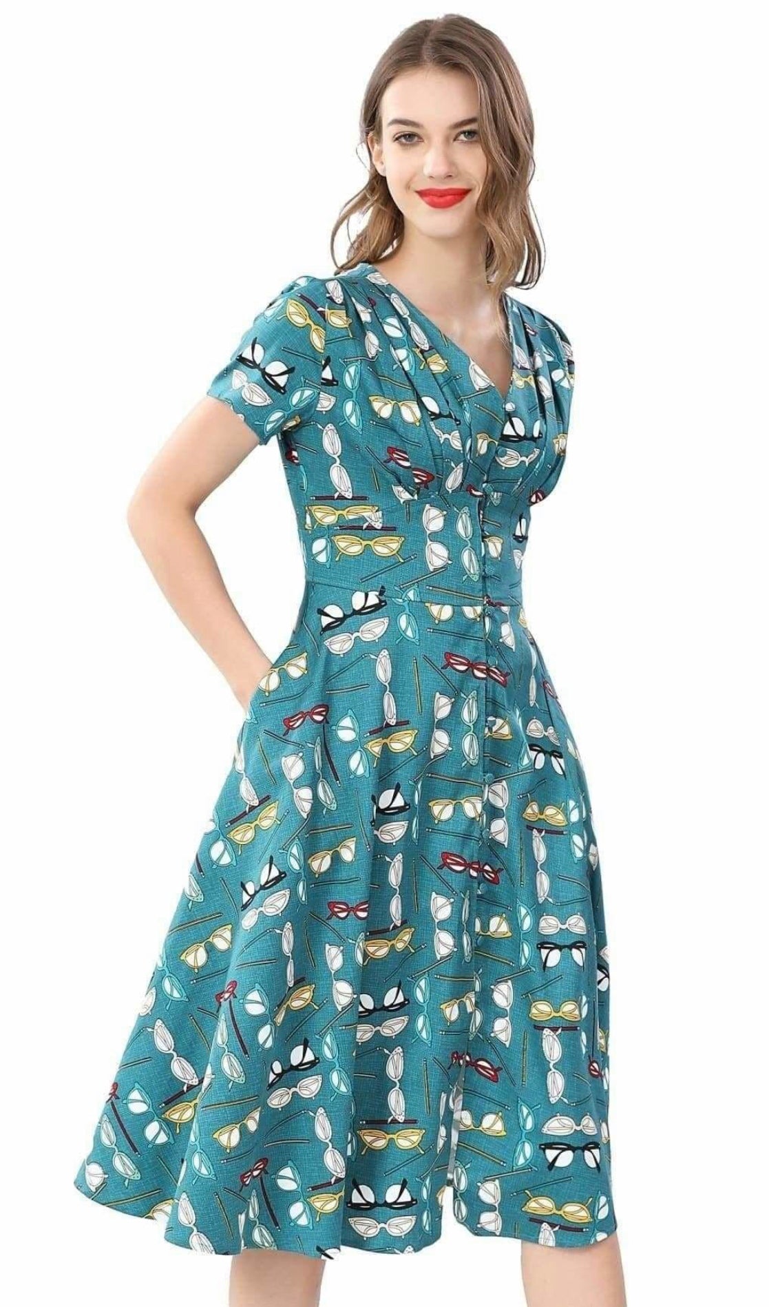 New Fun Green with Glasses & Pencil V Neck Button Front A Line Short Sleeve Cotton Dress with Pockets