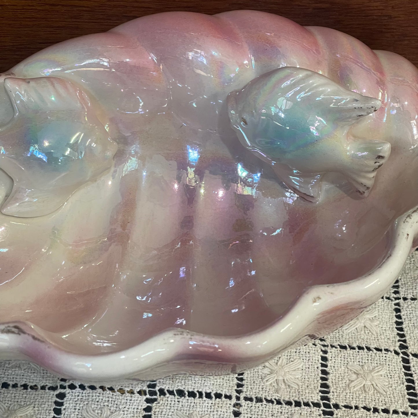 Vintage 1950s pink Lustreware shell bowl with 3D blue fish