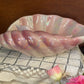 Vintage 1950s pink Lustreware shell bowl with 3D blue fish