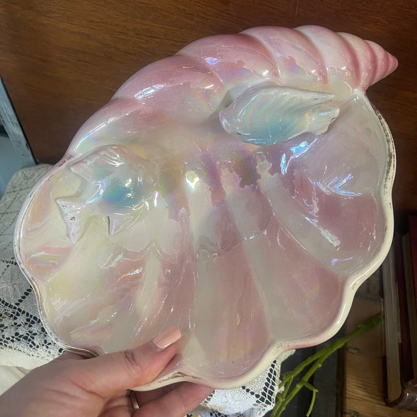 Vintage 1950s pink Lustreware shell bowl with 3D blue fish