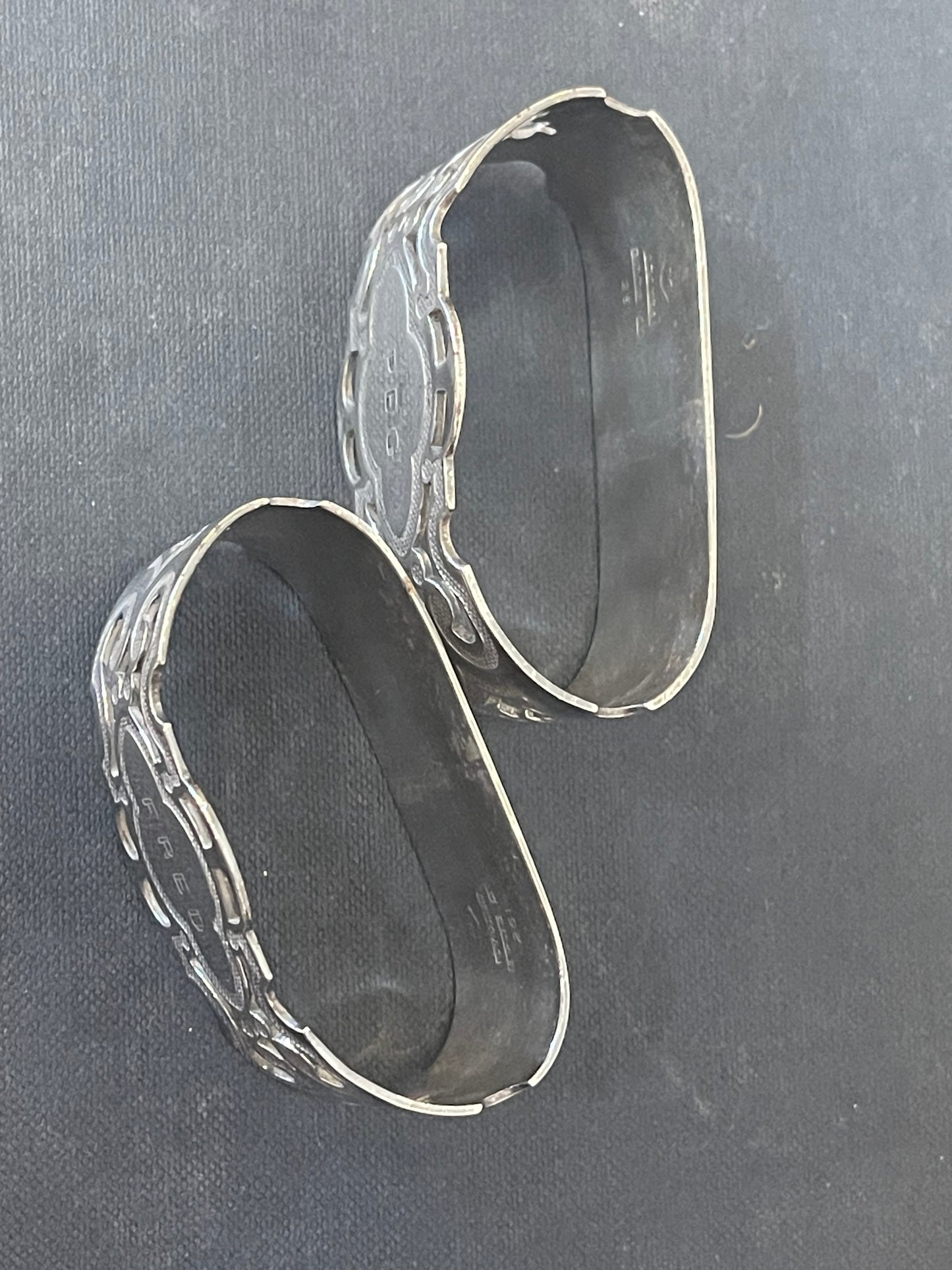 Vintage set of 2 silver plate napkin rings for Fred and Peg c.1956
