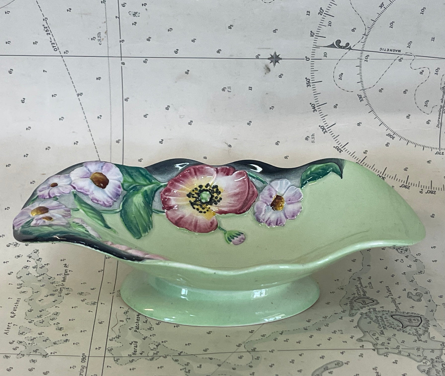 Small green Carlton ware dish with poppies