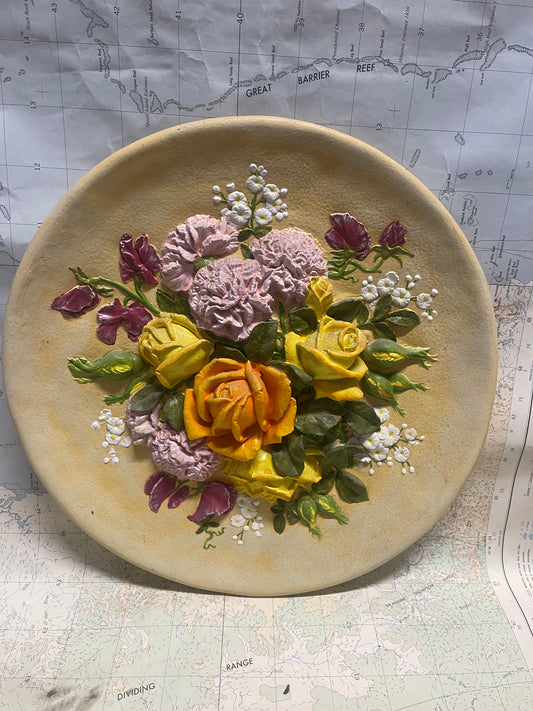 Vintage Chalkware Floral Wall Plate – Large Raised Flower Design